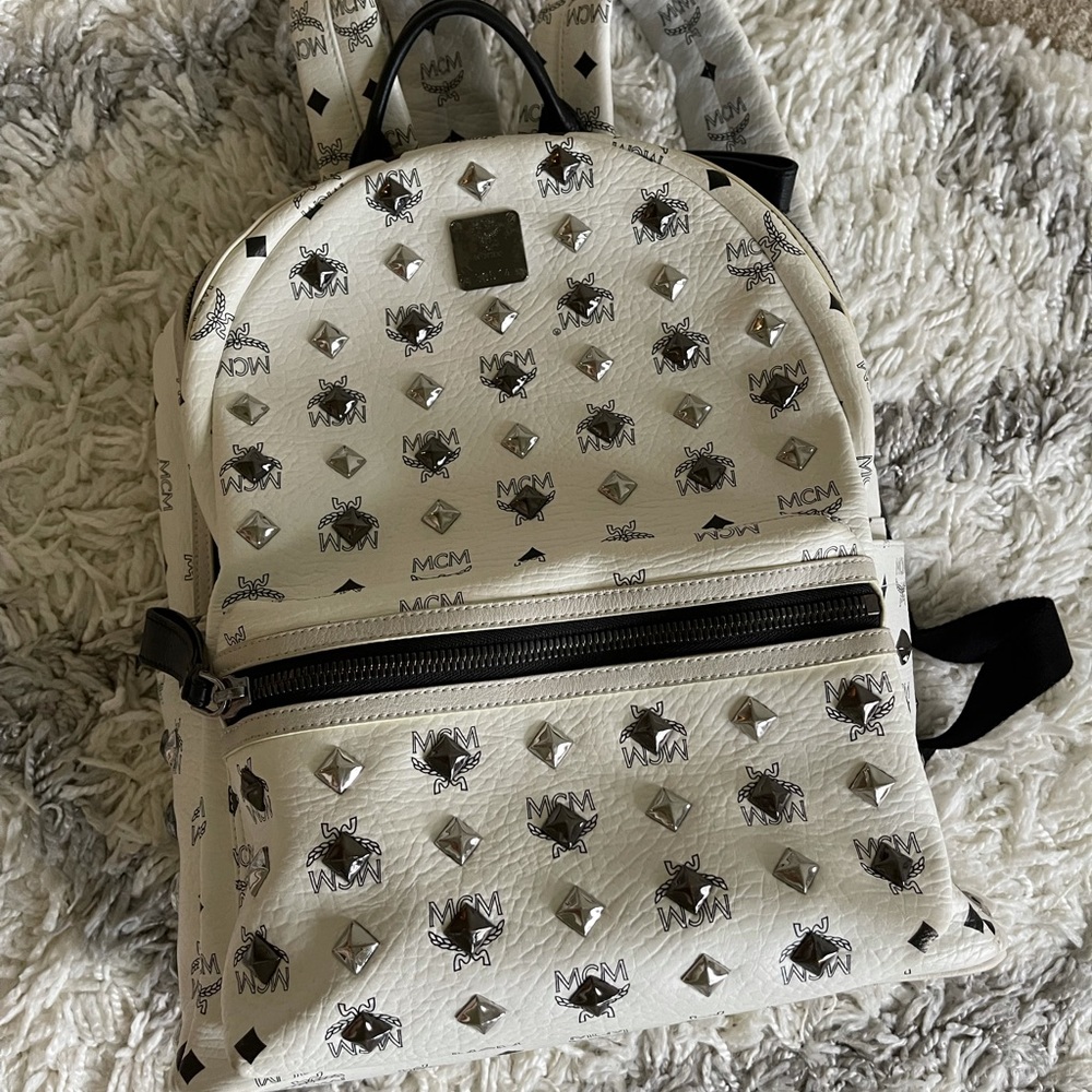 MCM White Logo Studded Leather Mini Backpack